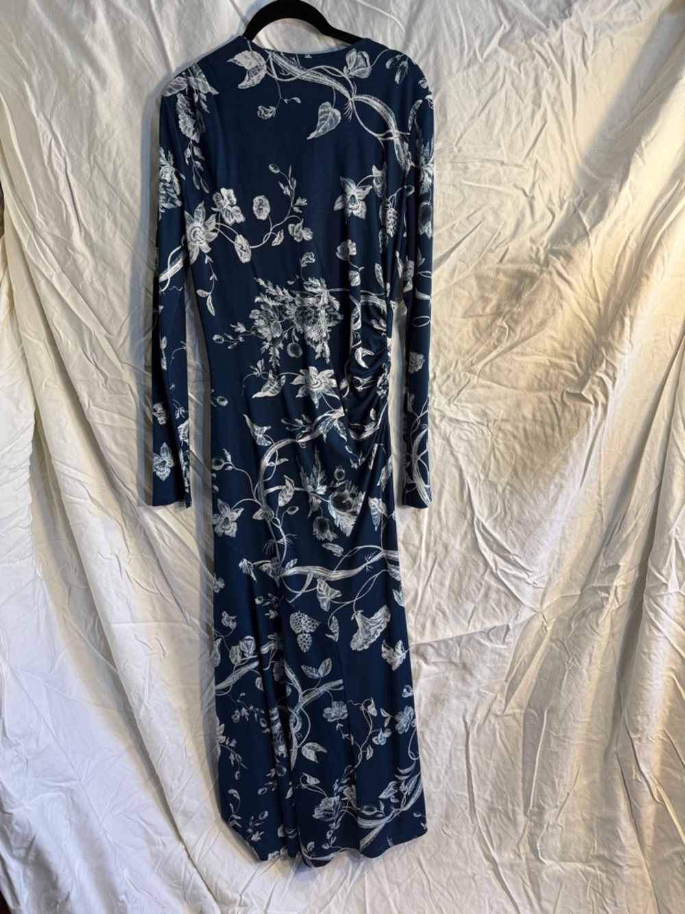 Floral Navy Blue Erdem long sleeve Ophelia Dress with ruching on one side